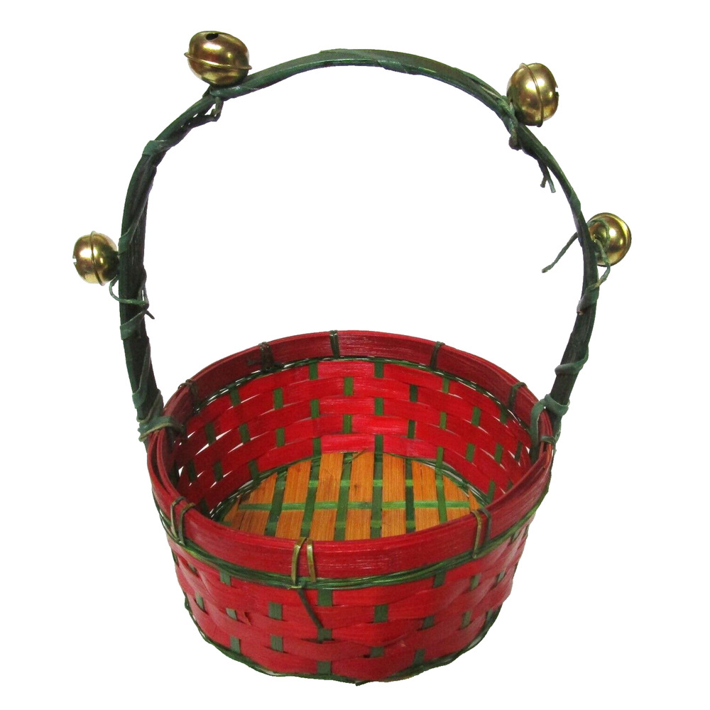Holiday Woven Wicker Basket with Handle Red & Green Jingle Bells 7 inches Wide